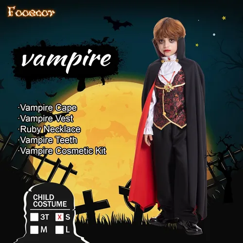 Vista 3 de Vampire Costume for Boys Scary Halloween Party, Vampire Teeth Cosmetic Kit IncludedBlack Red