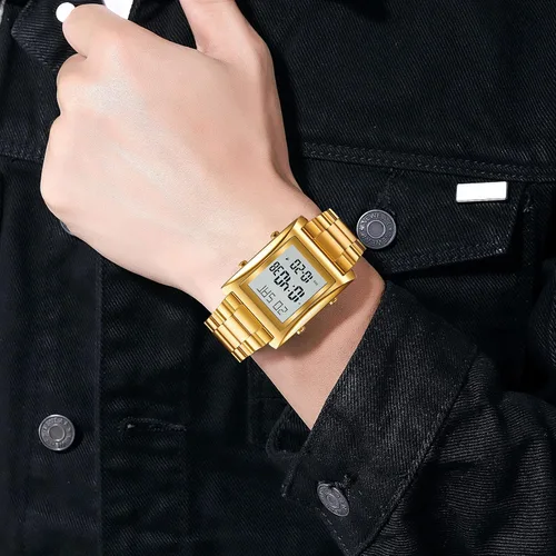 Vista 7 de RNONDRY Reloj digital para hombre y mujer, reloj rectangular de acero inoxidable para hombres, reloj de pulsera impermeable