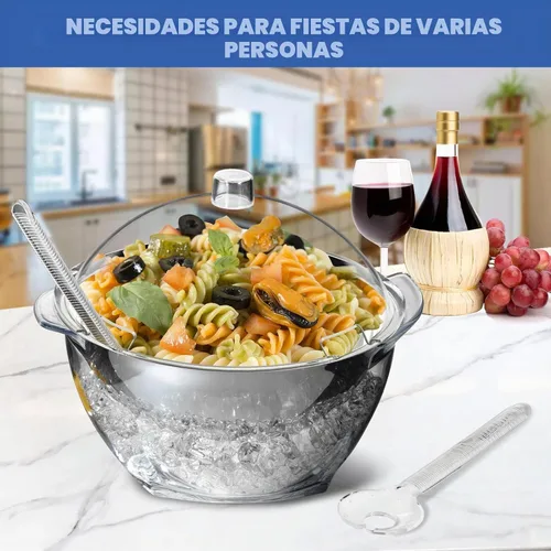 Vista 4 de LIMOEASY Tazón para ensalada helada, tazón grande de 4.5 Qt para servir frío con tapa para fiestas, tazones de hielo para mantener frías