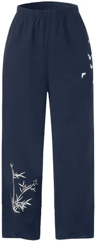Vista 2 de Attine Pantalones casuales de lino para mujer, ligeros, modernos, pantalones de verano con cintura elástica, bolsillos para la playa, vacaciones