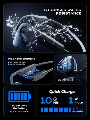 Vista 13 de Auriculares de conducción ósea, auriculares de oreja abierta Bluetooth 5.3 con micrófono, auriculares de conducción ósea de 12 horas de Negro puro