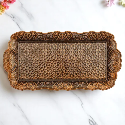 Vista 6 de Alisveristime Bandeja pequeña de metal ornamentado para servir – Bandeja decorativa con motivo otomano (14.2 x 7.1 pulgadas, 10.8 onzas)