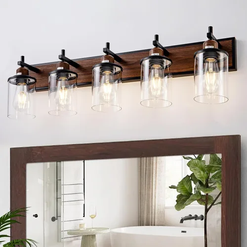 Vista 13 de Lanhall Lámpara de baño de 3 luces, estilo granja, vintage, sobre espejo, de metal pintado en madera y negro con pantalla de cristal, enchufe E26