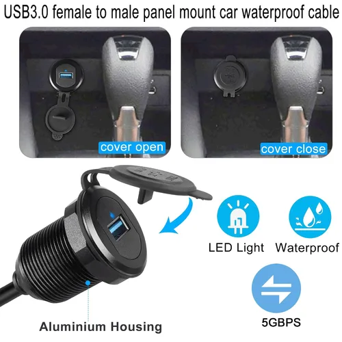 Vista 5 de QIANRENON Cable USB 3.0 de 5 Gbps a prueba de agua para automóvil, cable USB 3.0 hembra a macho para montaje en panel con luz LED, carcasa