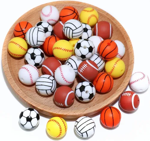 Vista 3 de 36 cuentas de silicona para fabricación de llaveros de 0.47 pulgadas y 0.59 pulgadas a granel de béisbol, baloncesto, fútbol, deporte, focal