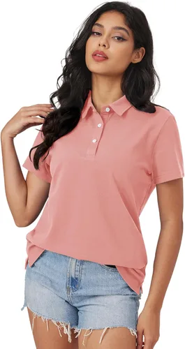 Vista 5 de MAGCOMSEN Camisas polo para mujer que absorben la humedad, 3 botones, camisa de manga corta de algodón, tops casuales