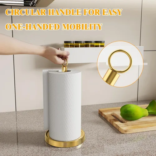 Vista 3 de Toallero de papel dorado para encimera, decoración de accesorios de cocina dorados, lágrima con una sola mano, acero inoxidable, base pesada