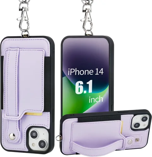 Vista 28 de TOOVREN Funda para teléfono compatible con iPhone 14 Plus, compatible con iPhone 14 Plus, funda con correa para tarjetero, cordón de cuero para Negro