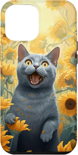 Vista 6 de iPhone 14 divertido gato ruso azul cara con girasol pintura caso
