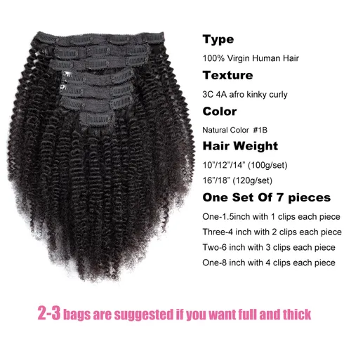 Vista 4 de Extensiones de cabello humano real rizado con clip, extensiones de cabello humano real 3C 4A, extensiones de cabello humano con clip, doble trama