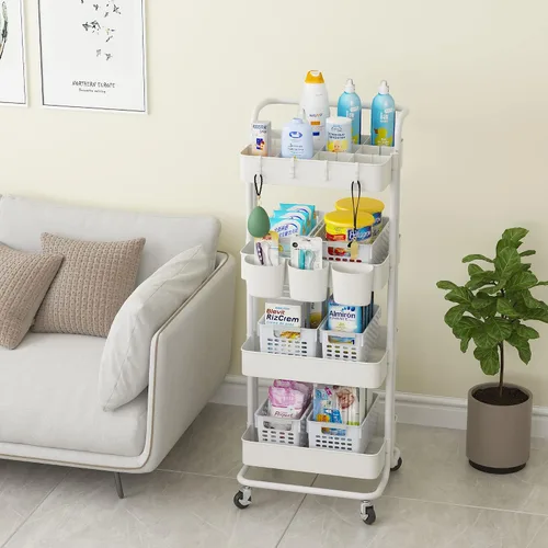 Vista 2 de Devo Carrito con ruedas de 4 niveles, carrito de almacenamiento resistente, con asa, 4 ganchos laterales, 2 tazas de almacenamiento y ruedas
