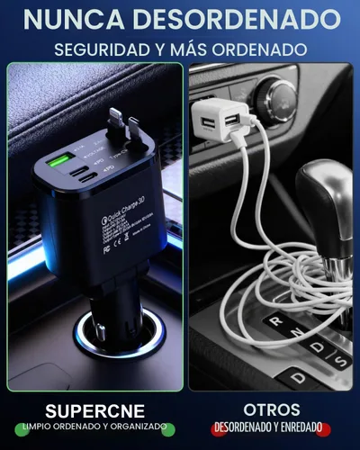 Vista 6 de Cargador de coche rápido 5 en 1 con puertos USB-A y USB-C, carga de alta velocidad de 75 W, cables retráctiles USB-C y Lightning, compatible