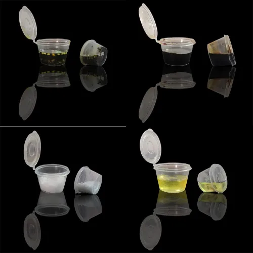 Vista 4 de MIUPOO Vasos de plástico para soufflé, desechables transparentes a prueba de fugas con tapa con bisagras, se utilizan para varias salsas, muestras