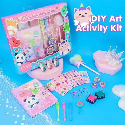 Vista 3 de Diario de animales para niñas con cerradura, juego de papelería de animales con diario secreto, sellos, bolígrafos, cuaderno de diario, regalo
