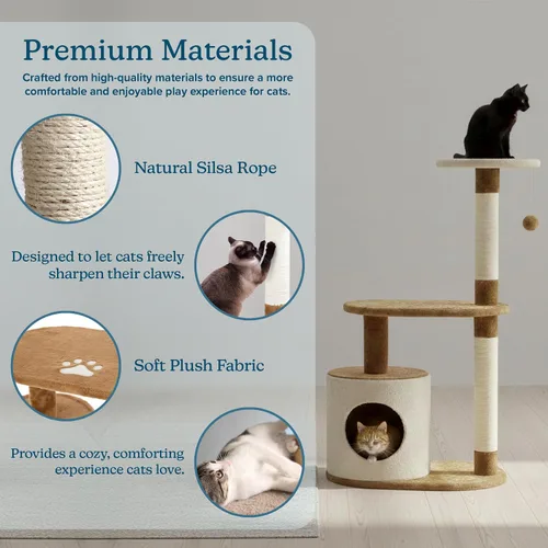 Vista 2 de PETMAKER Cat Tree Condo de 3 niveles con condominio y postes rascadores, 37.5 pulgadas, marrón y bronceado