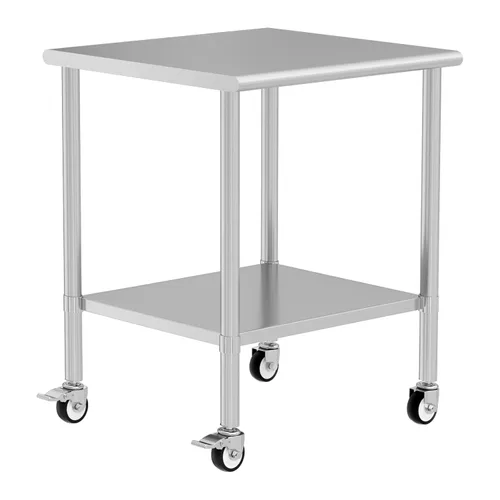 Vista 15 de Mesa de acero inoxidable con ruedas de 24 x 30 pulgadas, mesa de trabajo utilitaria con estante inferior ajustable para cocina comercial, garaje