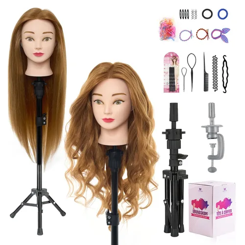 Vista 11 de Cabeza de maniquí de 18 pulgadas de cabello humano con soporte - Cabeza de maniquí 100% cabello real para práctica de maquillaje, cabeza de muñeca