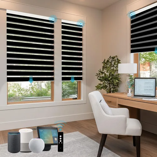 Vista 24 de SmartWings Persianas motorizadas de cebra con cenefa funcionan con Homekit Thread Alexa Z-Wave Smart de doble capa con control remoto, persiana