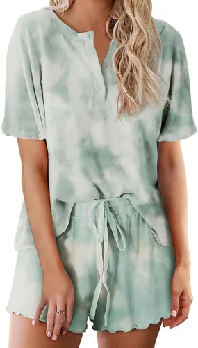 Vista 7 de Ekouaer Conjunto de pijamas teñidos con técnica tie dye para mujer, ropa de dormir, 2 piezas, conjuntos de pijamas, ropa de relajación A-tie Dye