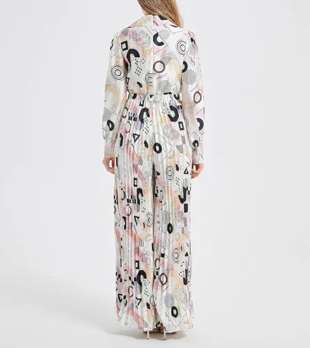 Vista 4 de Enterizo de mujer con cuello en V profundo, estampado bohemio, manga larga, pierna ancha, pantalón de una pieza