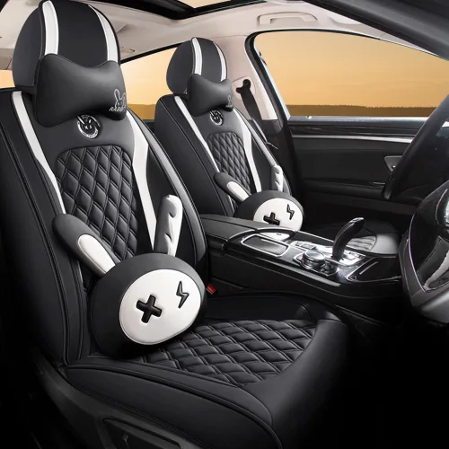 Vista 10 de Juego de fundas para asiento de lindo conejito, 5 piezas con cuero PU impermeable para autos, SUV, camionetas, ajuste universal (Beige)