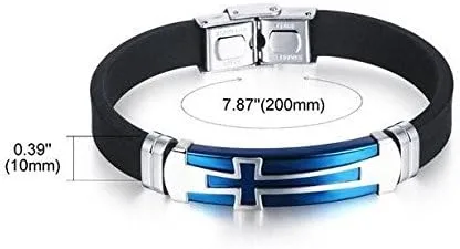 Vista 3 de Fashion Month Pulsera de silicona de acero inoxidable blanco vintage para hombre, diseño de cruz azul, Acero inoxidable Silicona