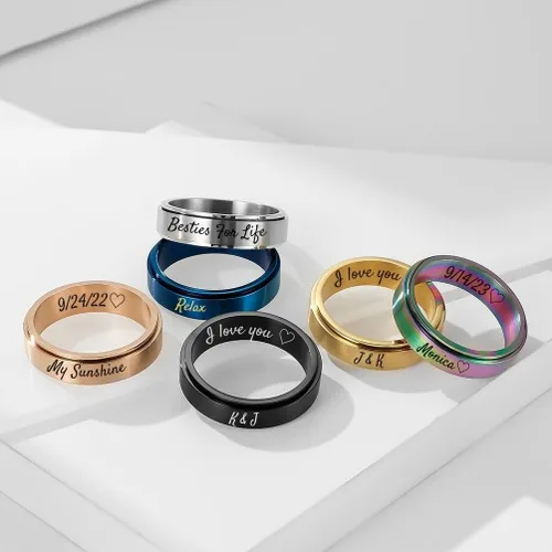 Vista 2 de EBAT Anillo de ansiedad personalizado para mujeres, hombres, hijas, niños, anillo de acero inoxidable grabado con nombre, joyería giratoria regalo