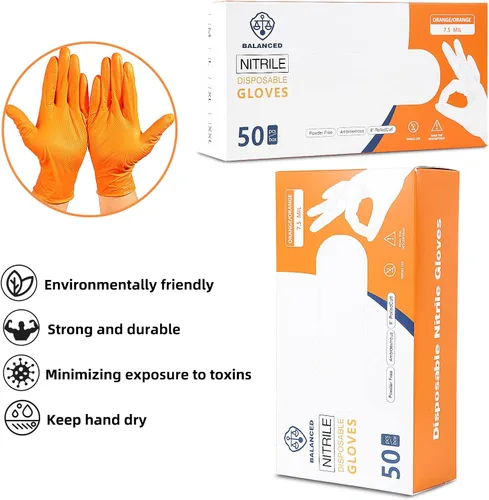 Vista 4 de LOGO Guantes desechables de nitrilo naranja-7.5mil Grip Diamond Textured Heavy Duty Automotive Mechanic compostable (50 piezas/caja)