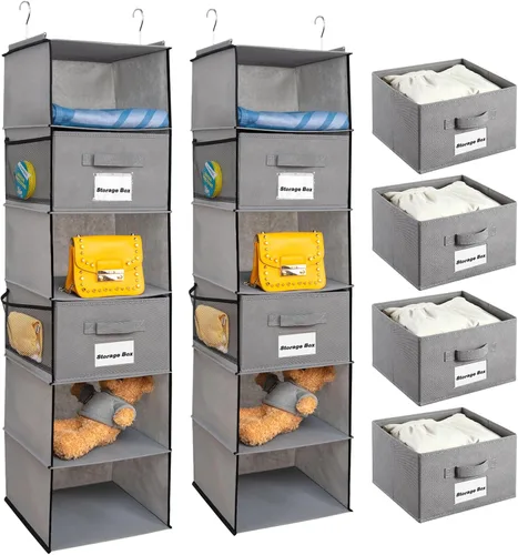 Vista 8 de BrilliantJo Organizador colgante de armario con 5 estantes, paquete de 2 unidades de almacenamiento colgante con 6 bolsillos laterales para ropa