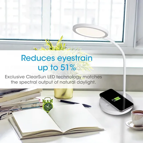 Vista 3 de OttLite Good Housekeeping - Lámpara de escritorio LED circular con carga inalámbrica, diseñada para reducir la fatiga ocular, lámpara de escritorio