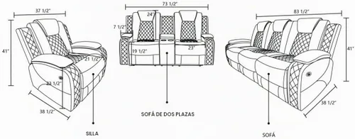 Vista 3 de Silla reclinable eléctrica, sofá biplaza, sofá para sala de estar, cómodo asiento de cuero transpirable para cine en casa con puertos de carga USB