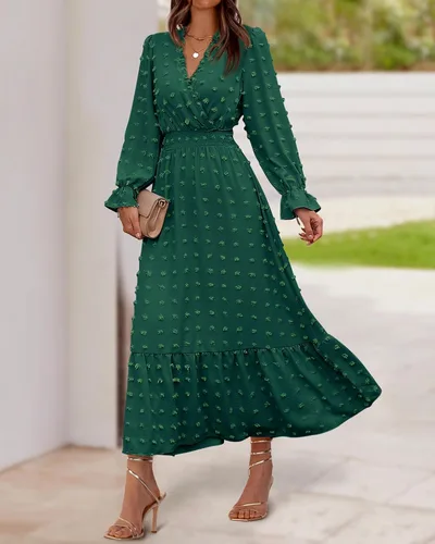 Vista 9 de BTFBM Vestidos de otoño 2023 para mujer, manga larga, cuello en V, lunares suizos, vestido largo bohemio, vestido largo de cintura alta, vestido