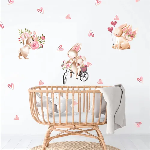 Vista 4 de Calcomanías de pared con bonito diseño de conejo rosa, diseño de conejito rosa, diseño de animales de dibujos animados, calcomanías de pared