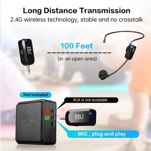 Vista 2 de EBJ Micrófono de auriculares inalámbricos 2.4G y micrófono de mano 2 en 1, transmisión estable de 98.4 ft, carga USB dual tipo C, compatible