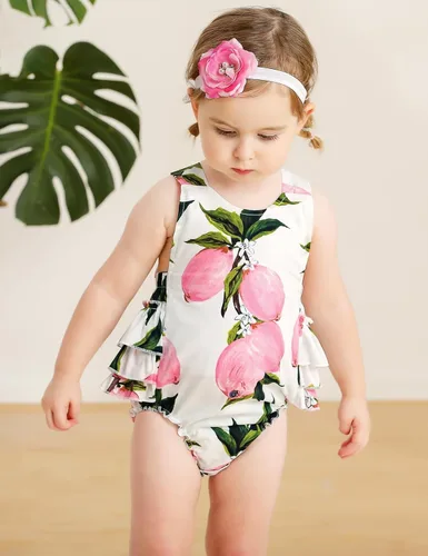 Vista 2 de Mameluco de verano con diseño floral y volantes para niña bebé, con diadema