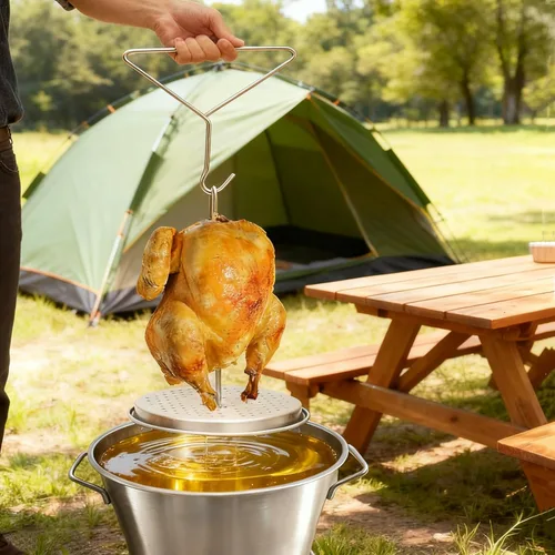 Vista 5 de Kit de accesorios para freidora de pavo perforado, pollo, aves de corral, con mango de alambre, gancho elevador, base vertical para asador
