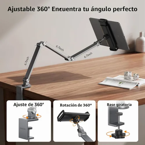 Vista 2 de LULULOOK Soporte para tablet iPad para escritorio, aluminio resistente giratorio de 360° y soporte plegable para Kindle para cama, soporte para iPad