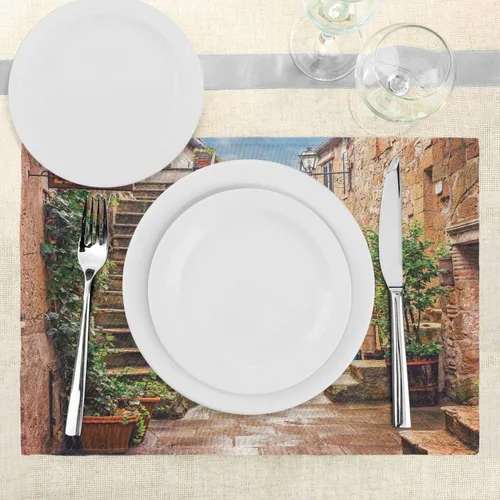 Vista 3 de Ambesonne Juego de 4 manteles individuales italianos, diseño de casas de piedra en la ciudad de Italia, diseño rural, diseño de la calle