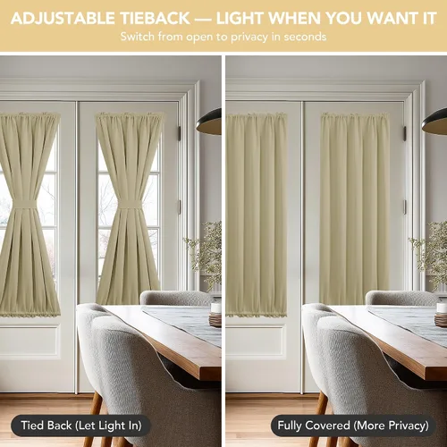 Vista 4 de Deconovo Cortina opaca para puerta de vidrio y luces laterales, panel de privacidad con aislamiento térmico con doble bolsillo para barra y Beige