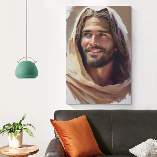 Vista 4 de Impresionante estética artística Jesús riendo, arte de Cristo en acuarela, Cristo sonriente, impresiones artísticas de Jesús, pinturas artísticas