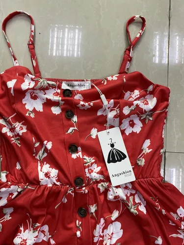 Vista 32 de Angashion - Vestido floral de verano estilo bohemio para mujer, con botones, bolsillos y tiras ajustables