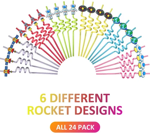 Vista 7 de Pajitas para el espacio exterior, regalos de fiesta temática de cumpleaños con 2 cepillos de limpieza, accesorios de planeta satélite de astronauta