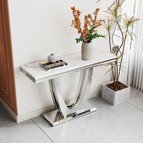 Vista 27 de Mesa de centro de 47 pulgadas de mármol negro con base en forma de U de acero inoxidable espejado, mesa central de parte superior rectangular