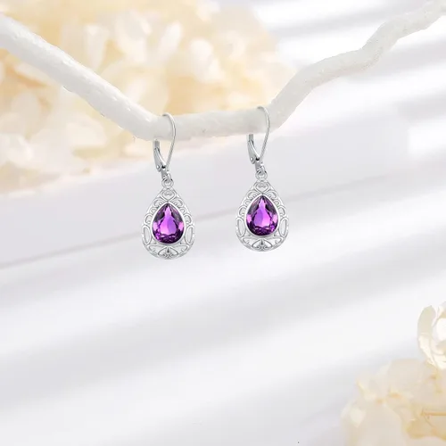 Vista 222 de Aretes colgantes de plata de ley con diseño de árbol de la vida, flor, abeja, animales, gato, colibrí, piedra lunar, turquesa, aretes con cierre