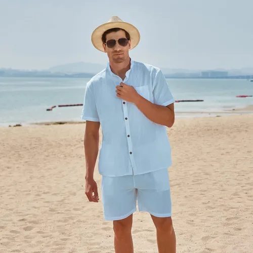 Vista 2 de AOTORR Conjunto de lino de 2 piezas para hombre, camisa de manga corta con botones y traje de playa corto