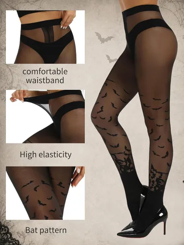 Vista 3 de Yilanmy Medias de Halloween para mujer, pantimedias sketelon, payasos, medias de murciélago aterrador Patrón de murciélago