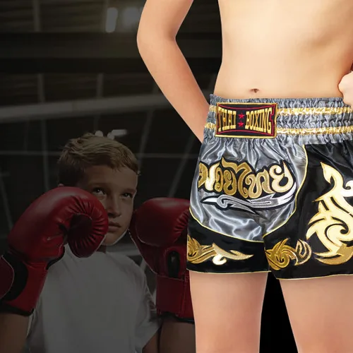 Vista 3 de Pantalones cortos de Muay Thai para niños (4 años a 10 años) para boxeo, kickboxing, artes marciales mixtas, entrenamiento para niños y niñas