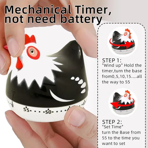 Vista 3 de Bonito temporizador de cocina en forma de pollo, temporizador mecánico de 60 minutos para cocinar, hornear y preparar comidas (negro)
