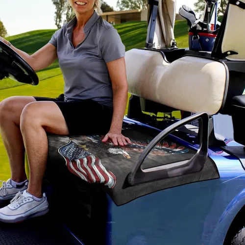 Vista 2 de Fundas de asiento de carrito de golf con bandera estadounidense de águila, manta de golf duradera para asientos de 2 personas, resistente a