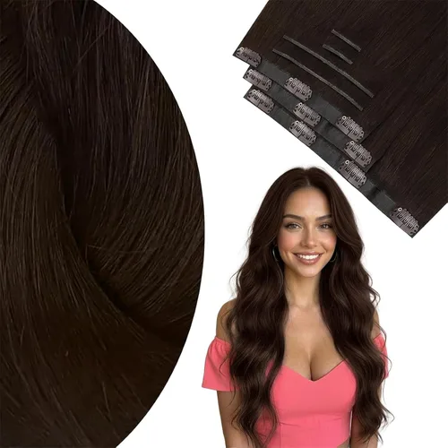 Vista 10 de Ve Sunny Extensiones de cabello clip-in de cabello humano real con reflejos, extensiones de cabello con clip para cabello corto, marrón oscuro